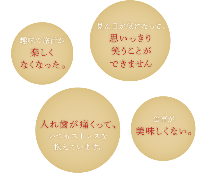 趣味の旅行が楽しくなくなった。  入れ歯が痛くって、いつもストレスを抱えています。 見た目が気になって、思いっきり笑うことができません 食事が美味しくない。